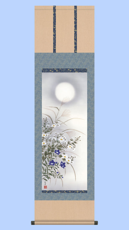 花鳥画掛け軸　名月に秋草　近藤玄洋