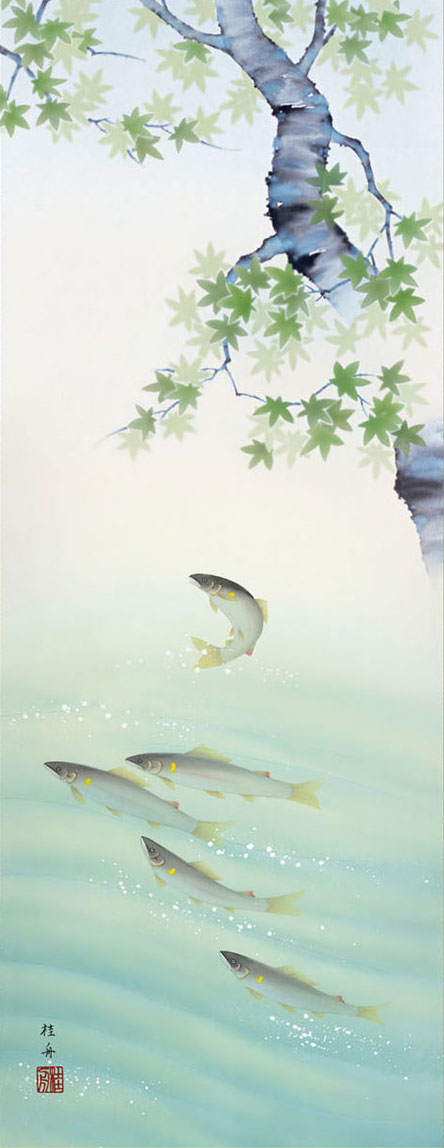 鸟与花挂轴画：长江敬秀的枫叶与甜鱼