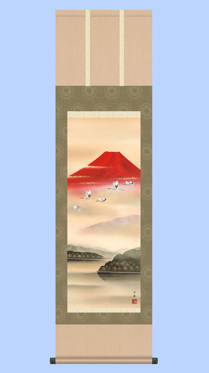 富士山水画掛け軸　赤富士飛翔　熊谷 千風