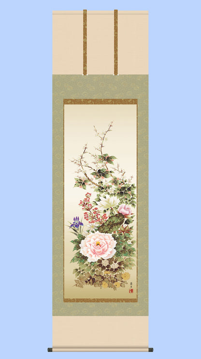 花鳥画掛け軸　名花繚乱　吉井蘭月