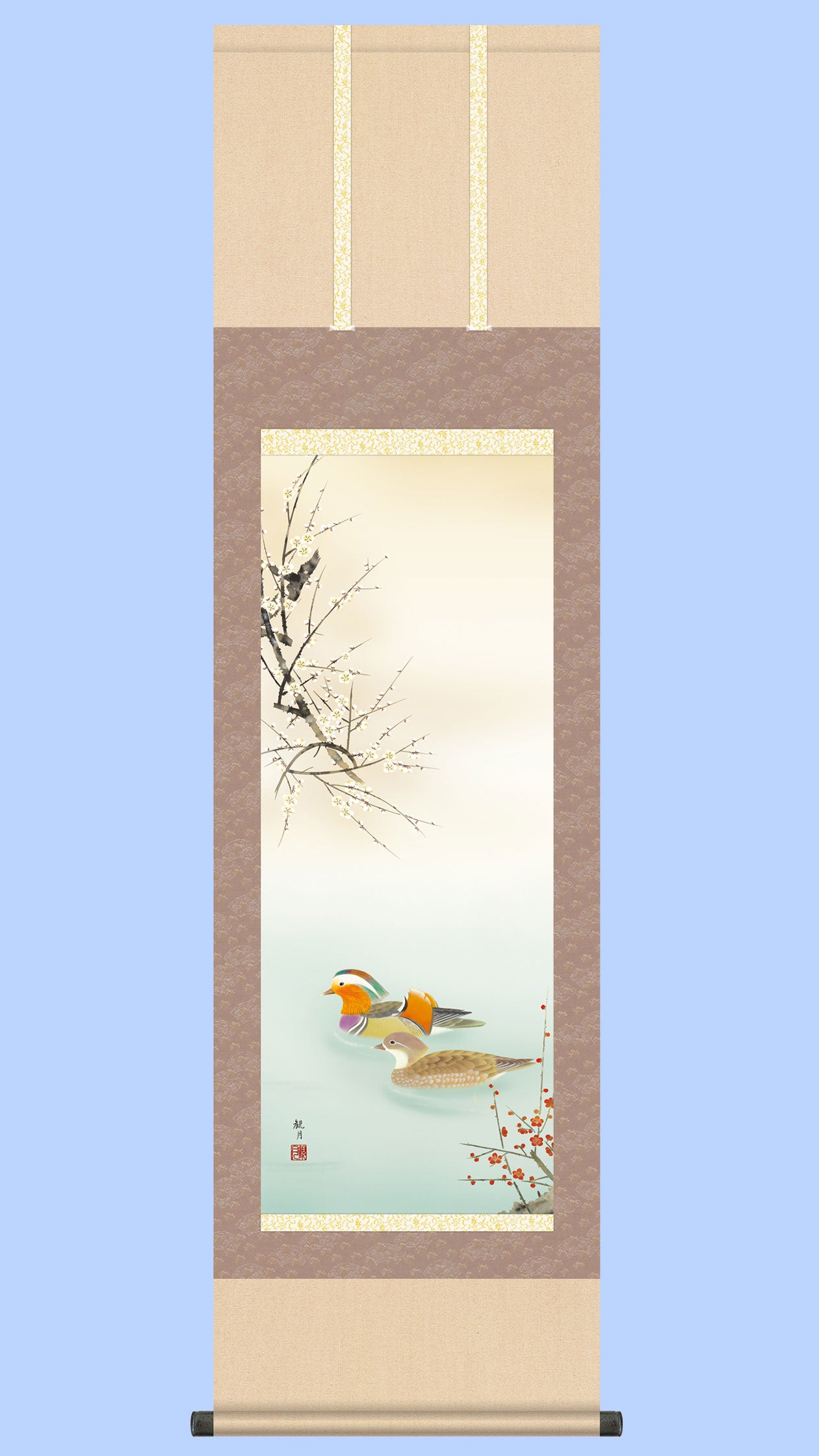 花鳥画掛け軸冬掛け　鴛鴦