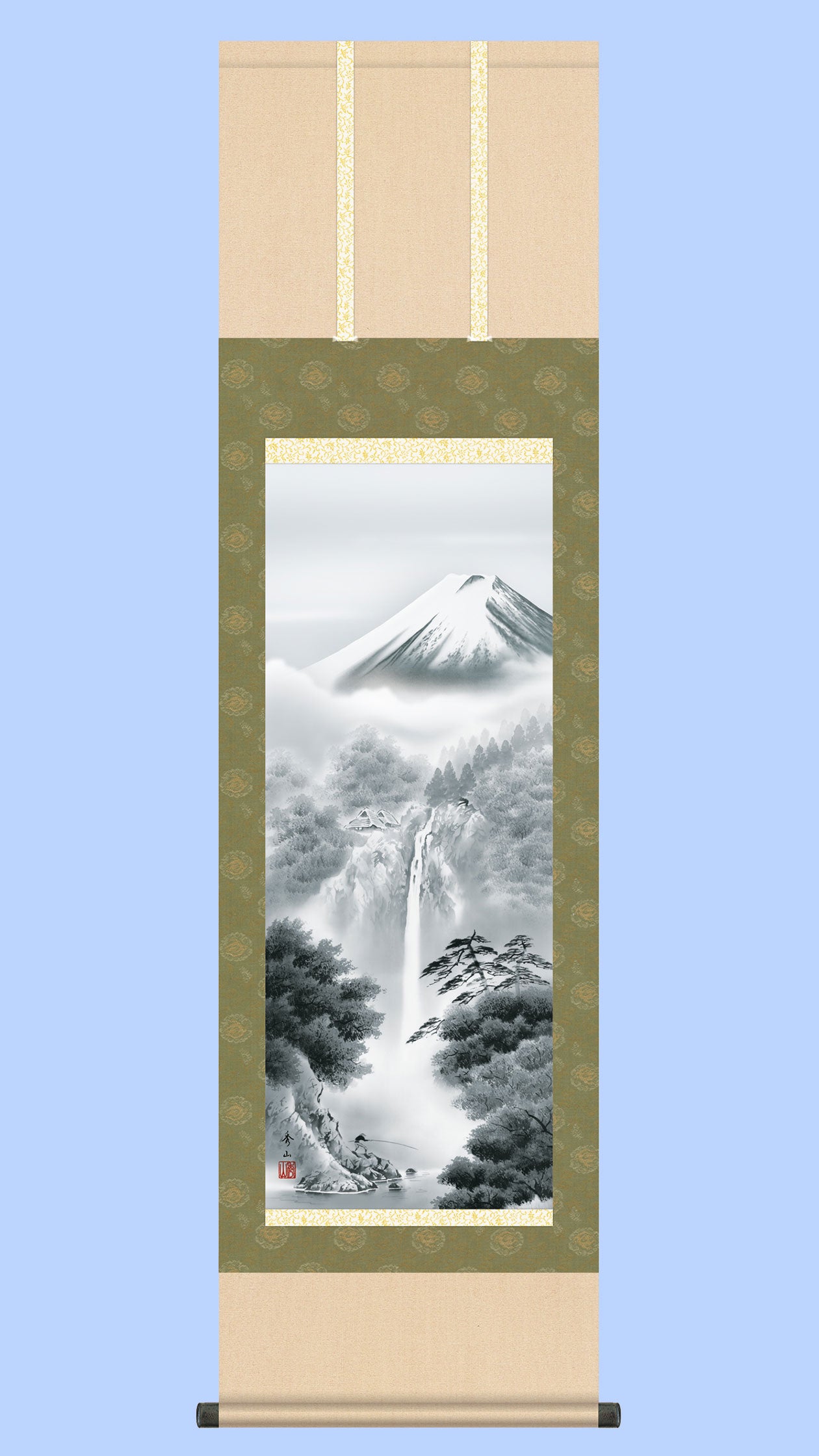 富士山水画掛け軸　富士幽谷　鈴村秀山