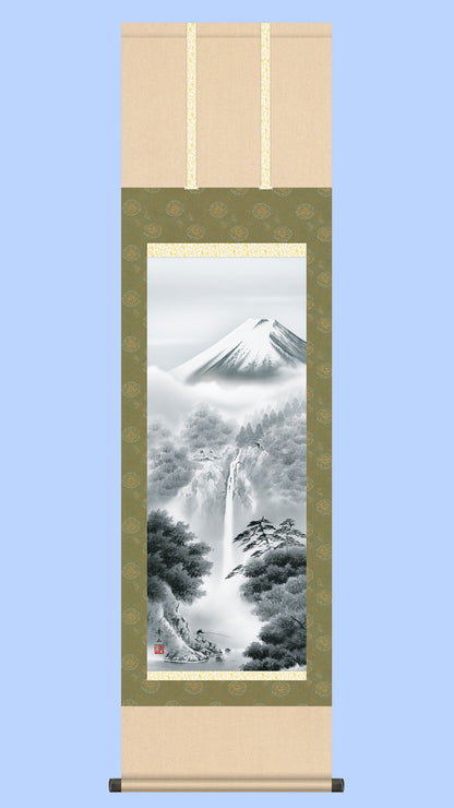 富士山水画掛け軸　富士幽谷　鈴村秀山
