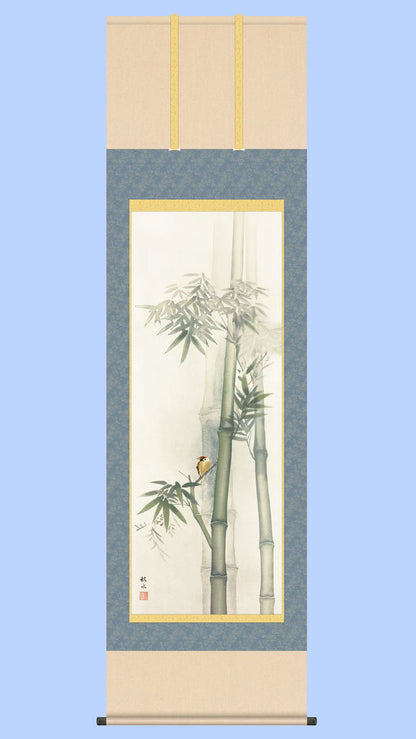 花鳥画掛け軸　竹に雀　浮田秋水