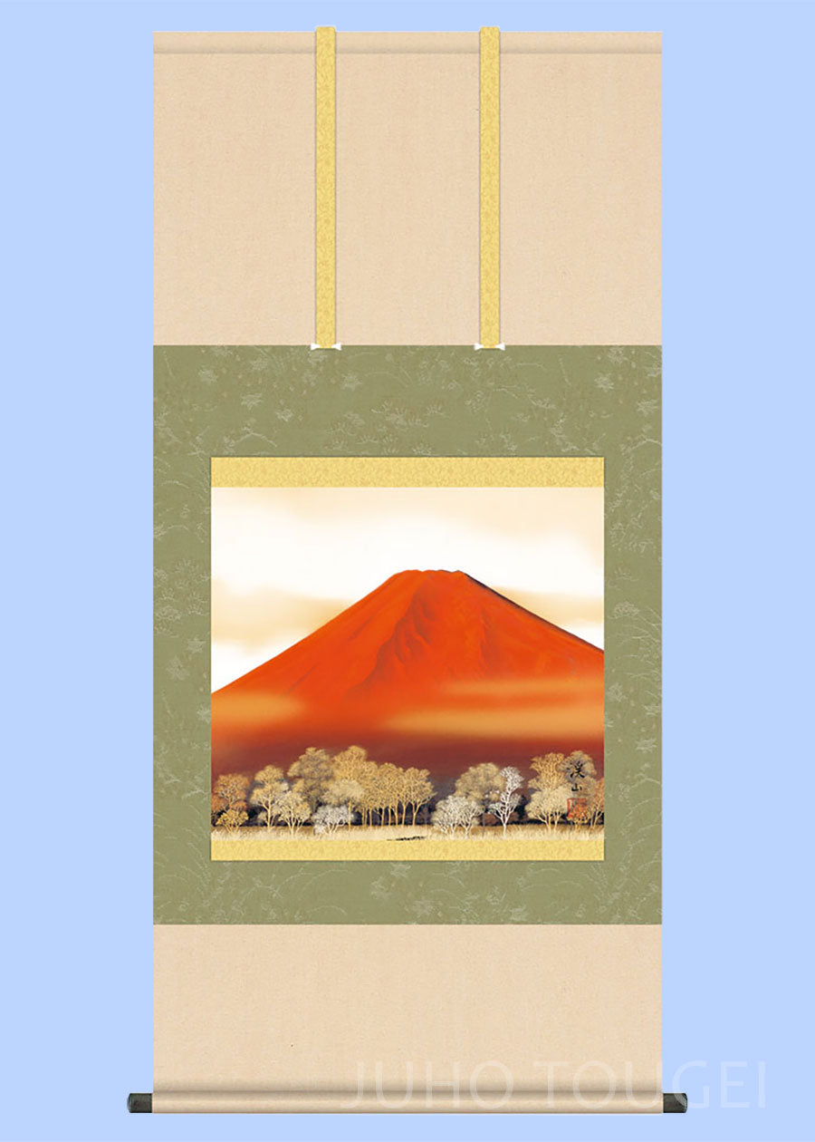 山水画掛け軸　赤富士　伊藤渓山