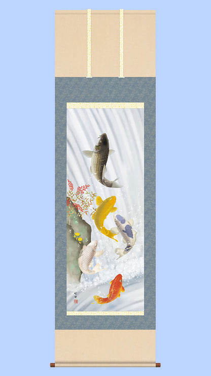 縁起画掛け軸　五鯉躍南天福寿　田村 竹世