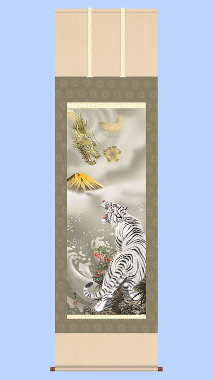 縁起画掛け軸　金運龍虎霊峰図　山村観峰