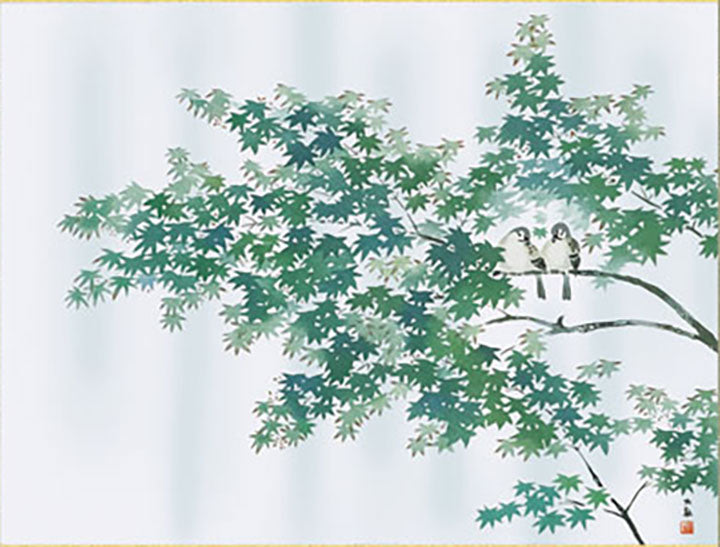 横山大観《緑雨》名画複製画掛け軸 ― 雨に濡れる楓と二羽の雀 – 寿鳳