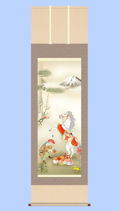 縁起画掛け軸　跳馬吉祥図　長江 桂舟