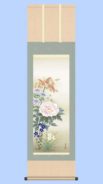 花鳥画掛け軸　四季花　西尾香悦