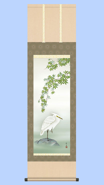 花鳥画掛け軸　楓に白鷺　長江桂舟