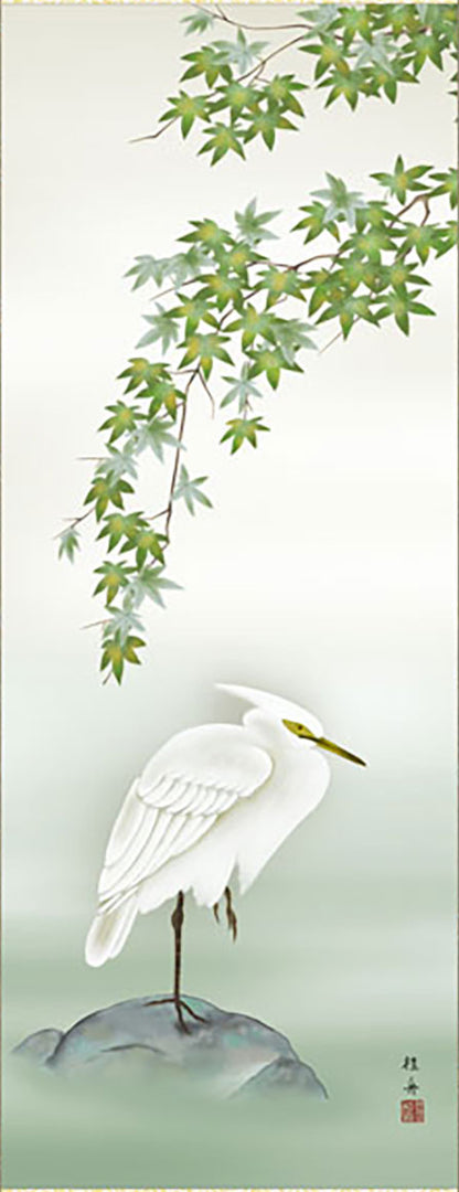 長江桂舟的鸟花画挂轴：枫叶与白鹭