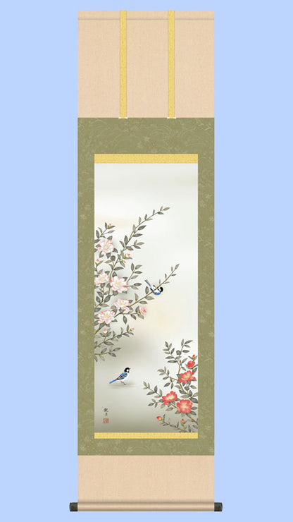 尺三掛け軸　冬掛け山茶花に小鳥