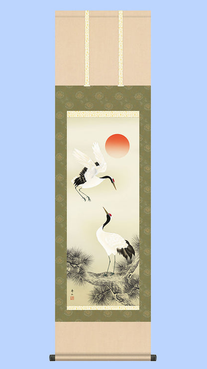 縁起画掛け軸　松上双鶴　鈴村秀山