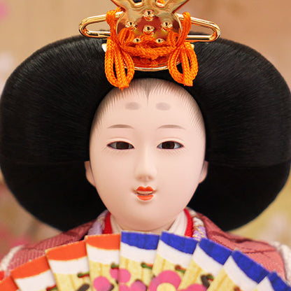 雛人形ケース飾り 二人 小芥子親王 つるし飾り付き白木枠　姫顔