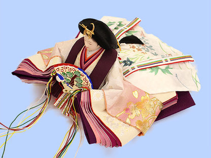 Three-tiered storage for Hina dolls, 70cm wide, 355 dolls, pine, bamboo and plum embroidery, oak drawer style