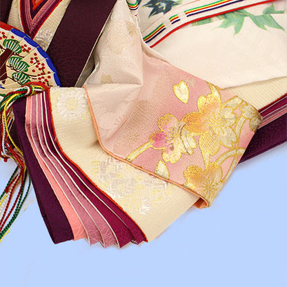 Three-tiered storage for Hina dolls, 70cm wide, 355 dolls, pine, bamboo and plum embroidery, oak drawer style