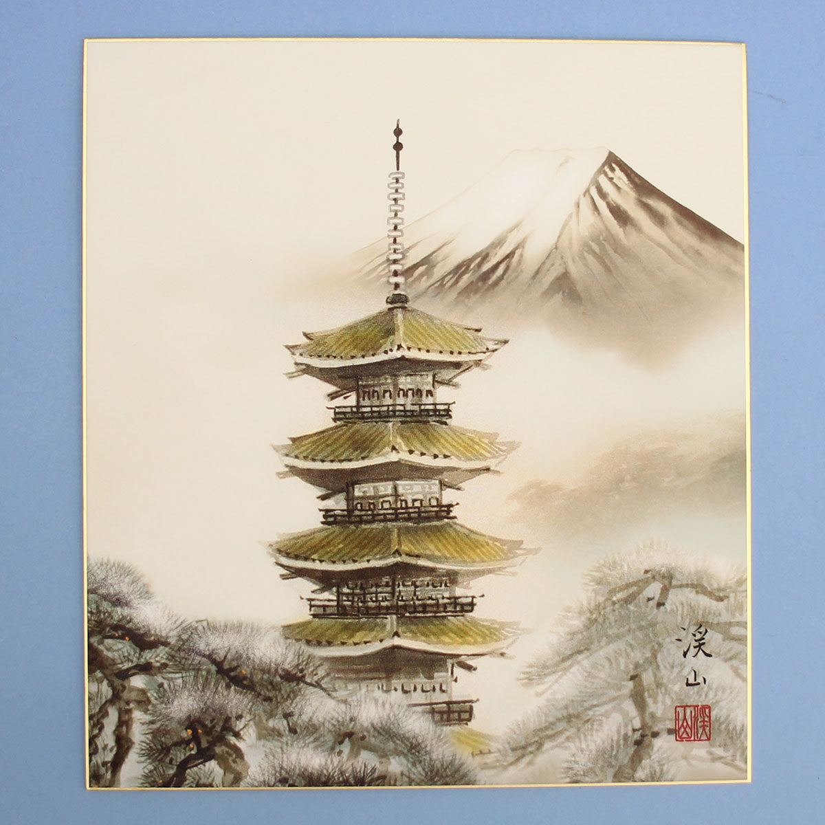 山水画色紙　冬塔景