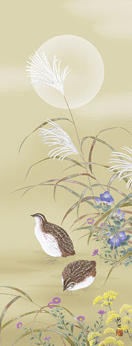 花鳥画　秋草に鶉　尺五　田村竹世