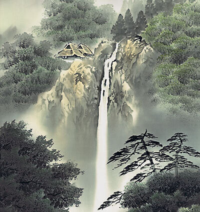 山水画　富士龍瀑　尺三　鈴村秀山