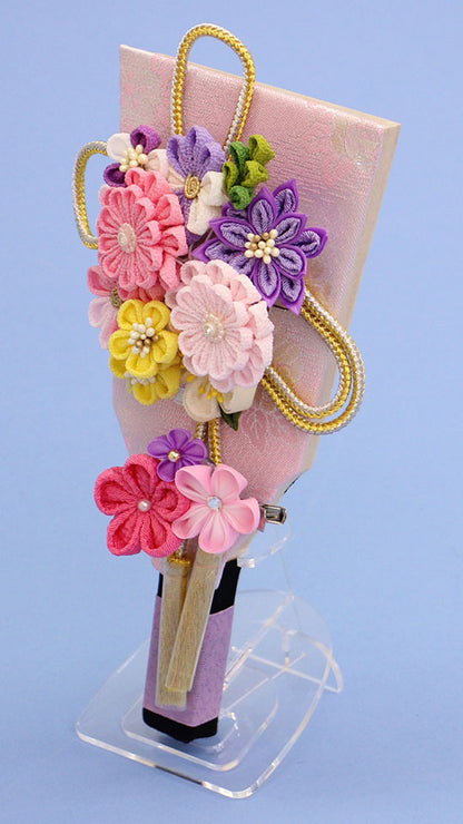 羽子板 縮緬モダンフラワー アクリルスタンド付き　横から