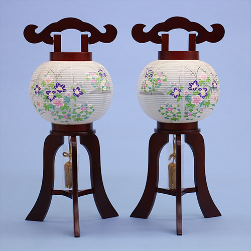 コンパクト盆提灯高さ さくら6号一対 絹重絵(桔梗と菊)47cm LEDコードレス大内行灯