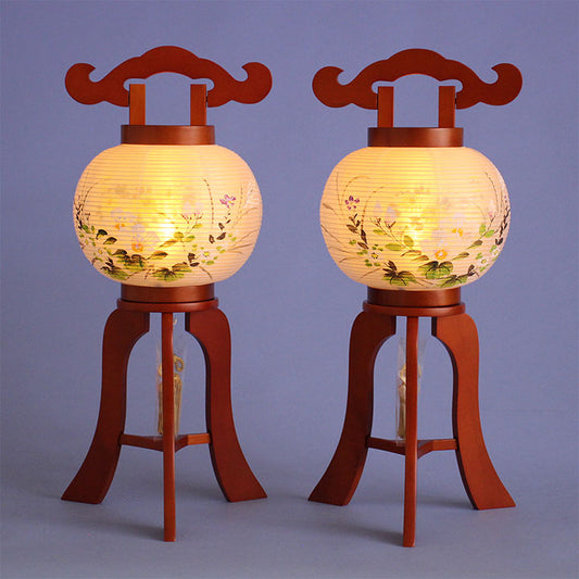 コンパクト盆提灯 けやき6号一対 絹重絵(芙蓉)高さ47cm LEDコードレス大内行灯　暗所点灯