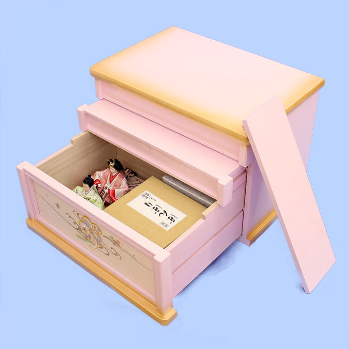 雛人形収納三段飾り 幅50cm柳五人　梅刺繍ピンク引き出し式W50　開く