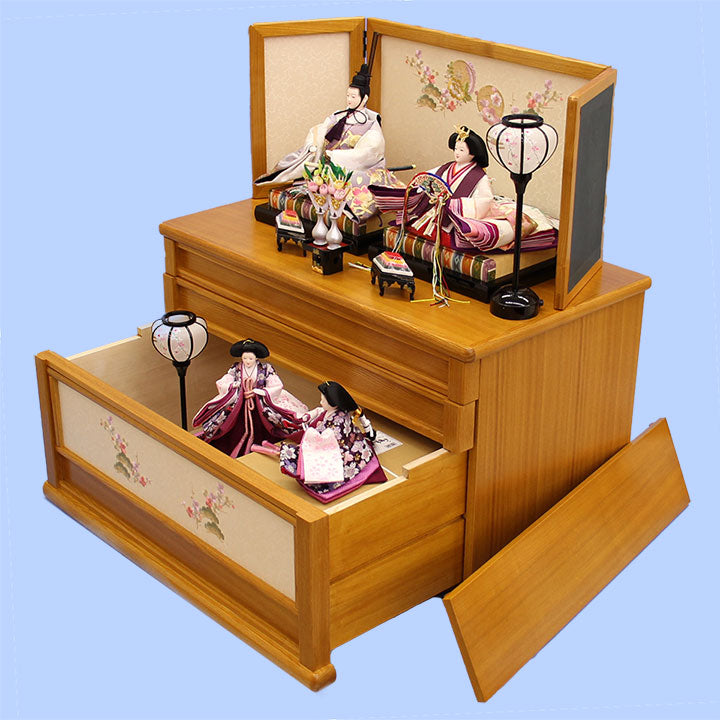 Three-tiered storage for Hina dolls, 70cm wide, 355 dolls, pine, bamboo and plum embroidery, oak drawer style