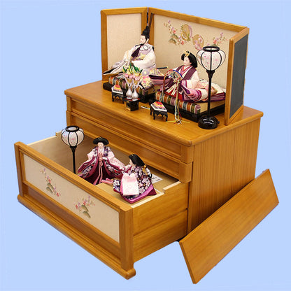 Three-tiered storage for Hina dolls, 70cm wide, 355 dolls, pine, bamboo and plum embroidery, oak drawer style
