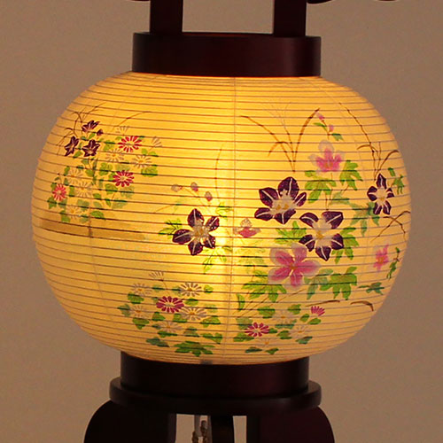 コンパクト盆提灯高さ さくら6号一対 絹重絵(桔梗と菊)47cm LEDコードレス大内行灯　暗所点灯ズーム