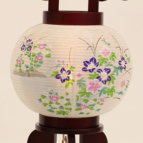 コンパクト盆提灯高さ さくら6号一対 絹重絵(桔梗と菊)47cm LEDコードレス大内行灯　点灯ズーム