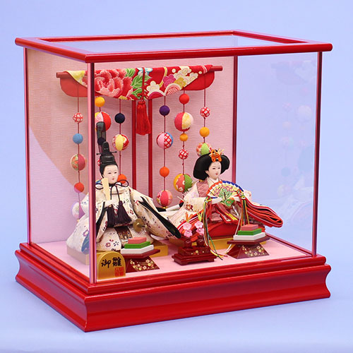 雛人形ケース飾り 二人 小芥子親王 赤ケース吊るしマリ　横から