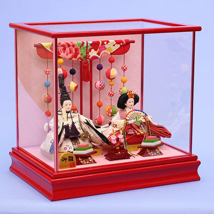 雛人形ケース飾り 二人 小芥子親王 赤ケース吊るしマリ　横から
