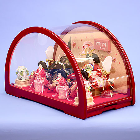 雛人形ケース飾り 五人 柳親王 円華ドーム型赤　横から