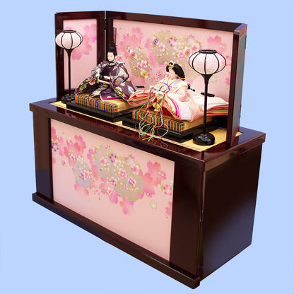 雛人形収納飾り 幅80cm三五二人 雪輪桜薄型　横から