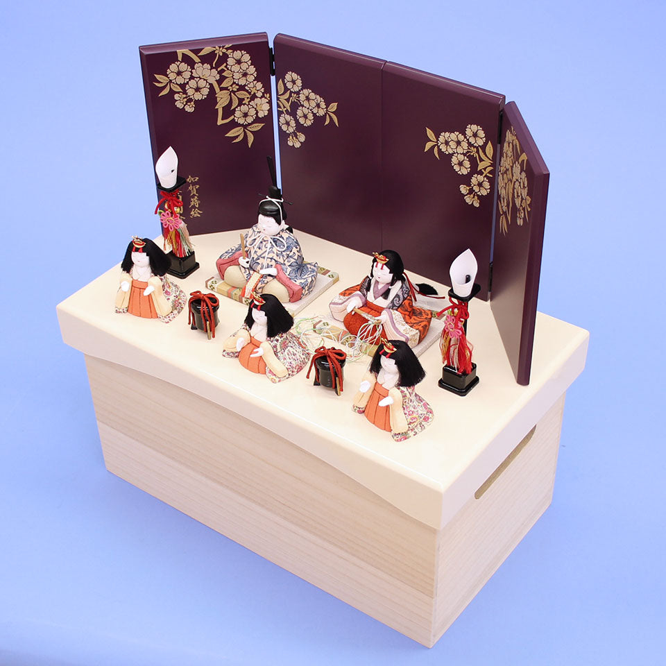 木目込み雛人形 幸一光作このみ五人 光琳桜古代紫収納飾り　上から