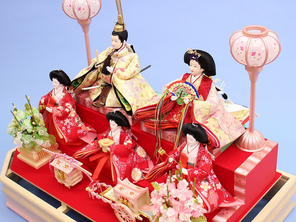 雛人形 ケース飾り 五人 幅53cm｜アクリル パノラマ六角 結芽 白木
