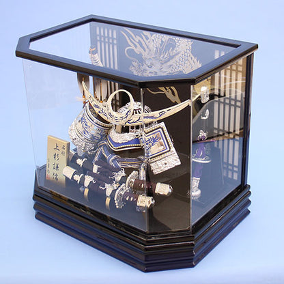 May Doll kabuto Case Decoration Height 38cm Silver Uesugi Kenshin kabuto Blue Blurred Hexagon