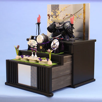 May Doll kabuto Decoration Width 51cm Masamune Date kabuto Gold-painted Red and White Plum Blossoms Drawer Storage Three-Tier Decoration Set