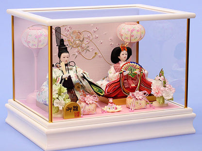 雛人形ケース飾り 二人 小芥子親王ホワイトケース　横から