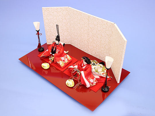 雛人形平飾り 京十二番極上金彩刺繍　赤　花唐草　上から