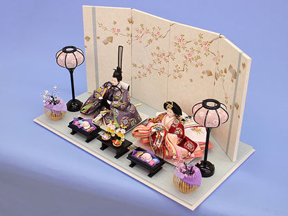 雛人形平飾り 京十二番正絹親王　蒼桜平飾り　横から