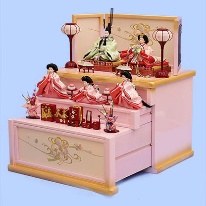 雛人形収納三段飾り 幅50cm柳五人　梅刺繍ピンク引き出し式W50　横から