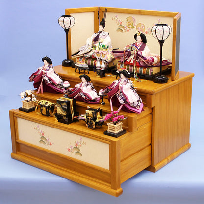 Three-tiered storage for Hina dolls, 70cm wide, 355 dolls, pine, bamboo and plum embroidery, oak drawer style