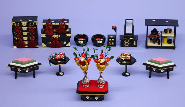 雛道具三段飾り用6点セット 30号献上菱(桜)箪笥、鏡台(木製)