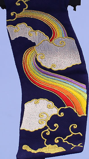 Hanging carp streamer, height 34cm, navy blue rainbow (very small), with tapestry stand