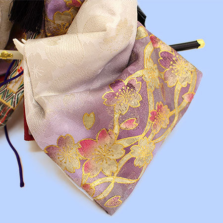 Three-tiered storage for Hina dolls, 70cm wide, 355 dolls, pine, bamboo and plum embroidery, oak drawer style