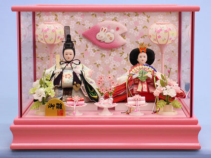 雛人形ケース飾り 二人 小芥子親王 ピンク　花びらうさぎ