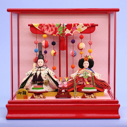 雛人形ケース飾り 二人 小芥子親王 赤ケース吊るしマリ
